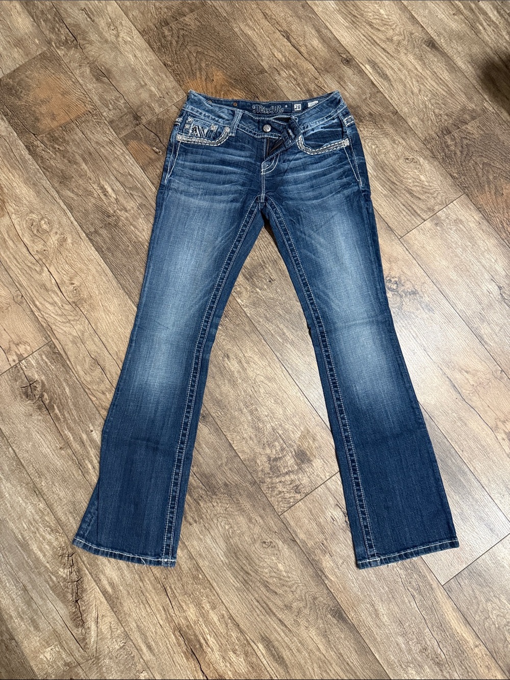 Miss Me Dark Blue Flare Jeans with Embellished Pockets